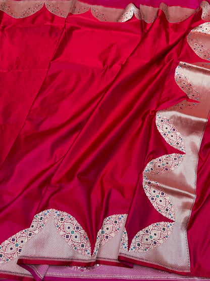 Red Handwoven Pure Banarasi Satin Silk Saree – Kadwa Weave in 100% Pure Silk