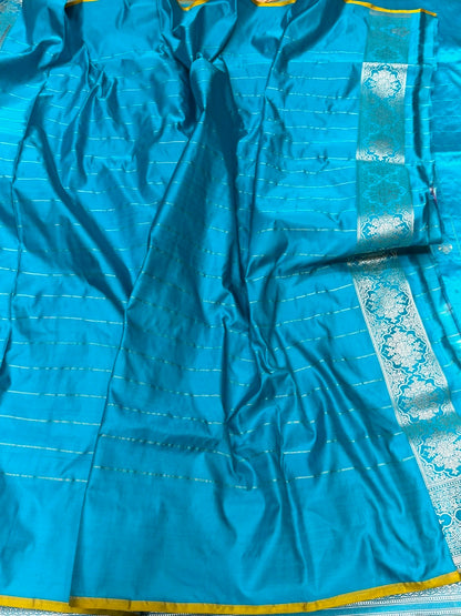 Sea Blue Handwoven Pure Banarasi Satin Silk Saree – Kadwa Weave | Authentic Banaras Handloom