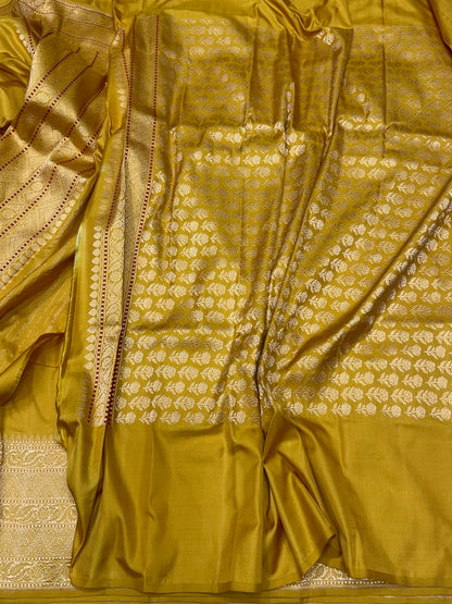 Mustard Yellow Handwoven Pure Banarasi Ektara Silk Saree – Authentic Kadwa Weave