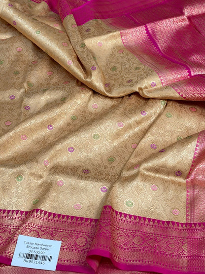 Beige Handwoven Banarasi Pure Silk Brocade Saree with Rani Pink Satin Border