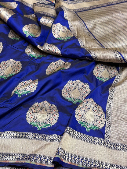Royal Blue Banarasi Tilfi Minakari Pure Katan Silk Saree Pure Silk