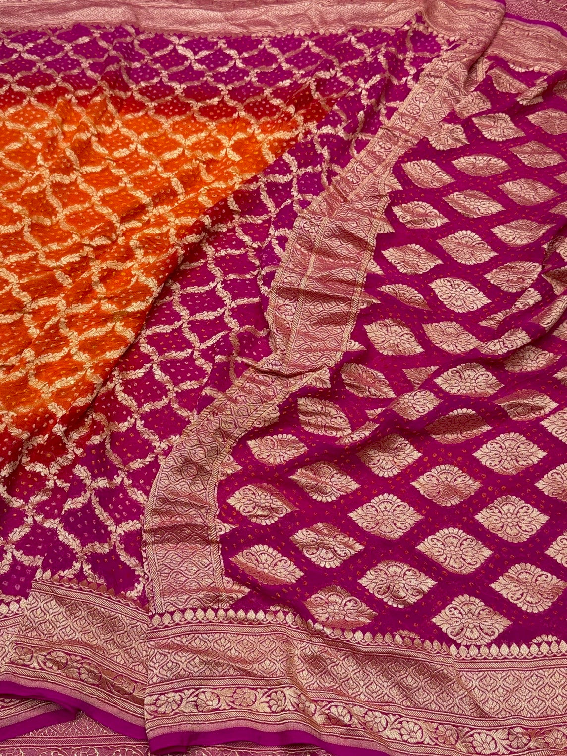 Rani Pink Banarasi Pure Bandhej Georgette Saree – Luxury Cutwork Brocade Festive Saree