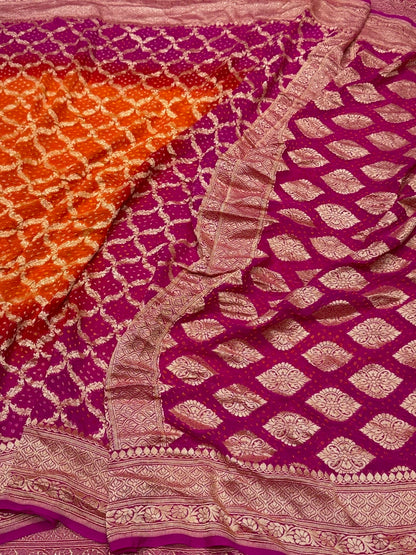 Rani Pink Banarasi Pure Bandhej Georgette Saree – Luxury Cutwork Brocade Festive Saree