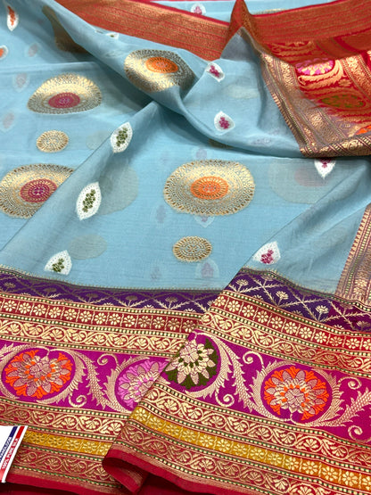 Sky Blue Handwoven Pure Organza Silk Saree