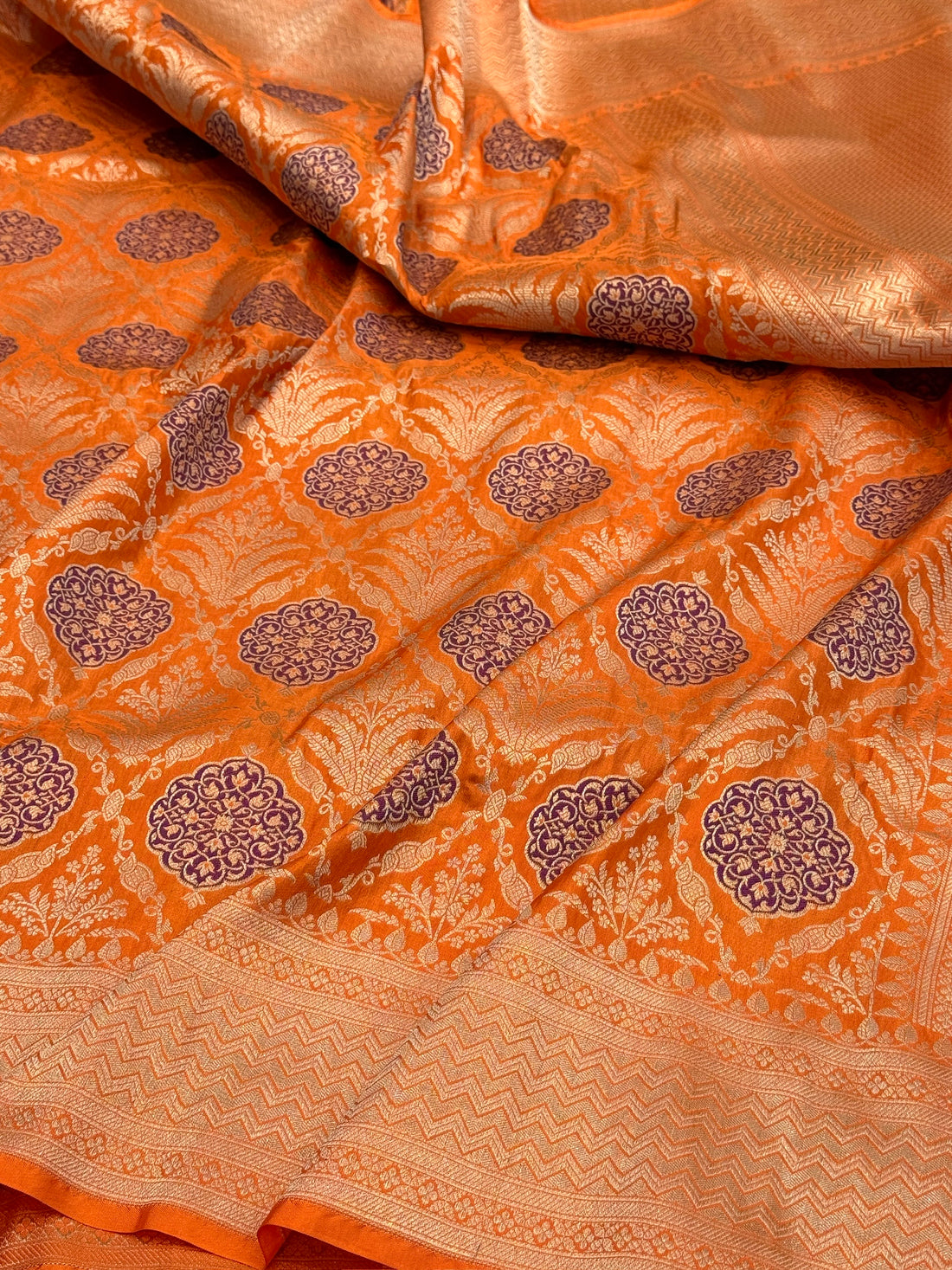 Orange Banarasi Minakari Pure Katan Silk Brocade Saree