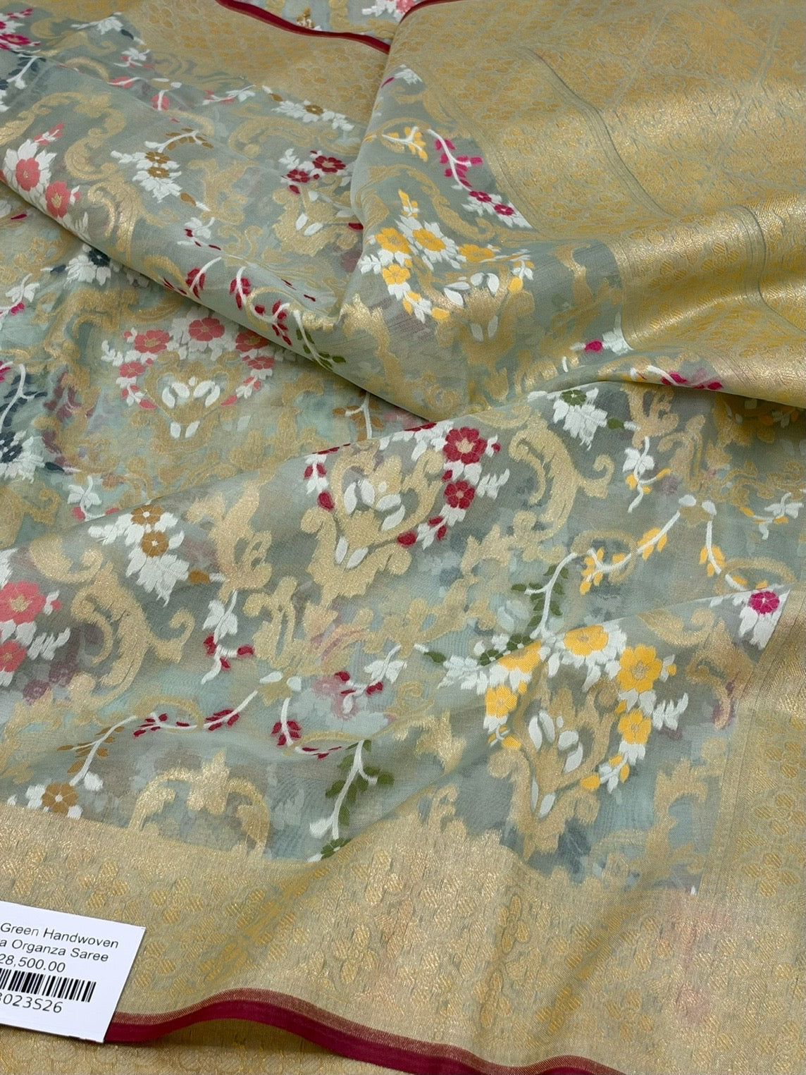 Sage Green Banarasi Pure Kora Jamdani Saree