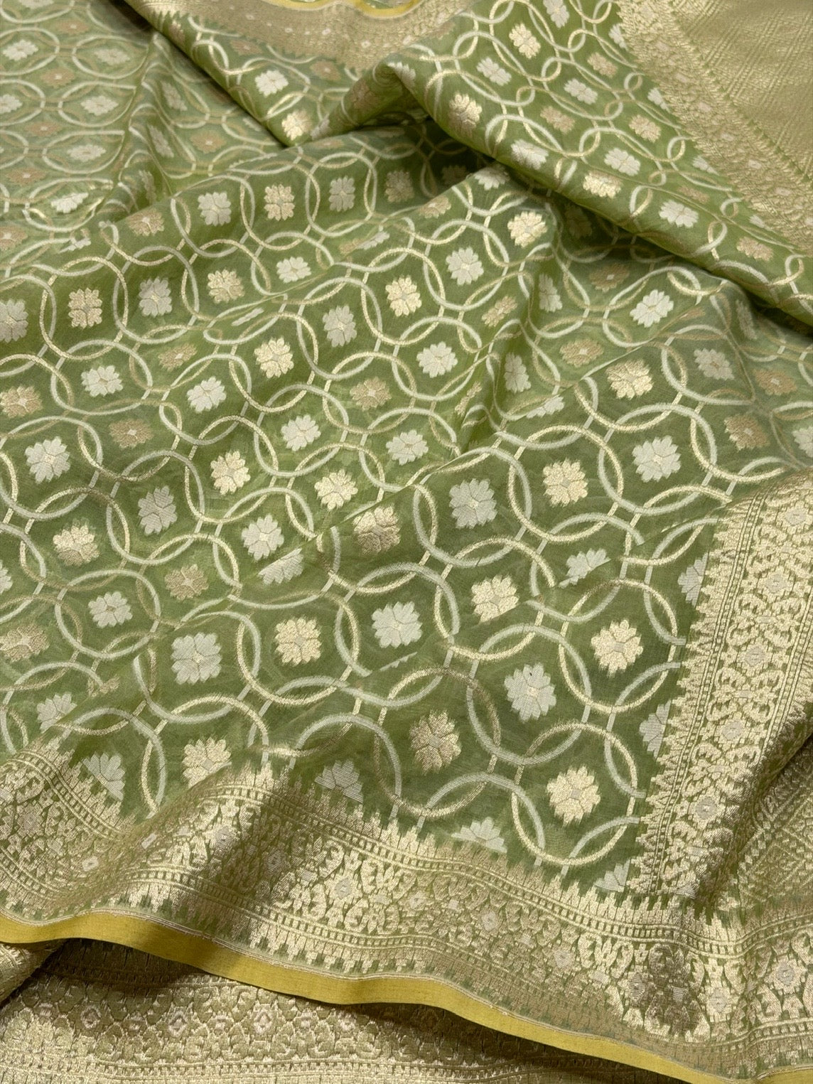 Green Banarasi Pure Kora Cotton Saree