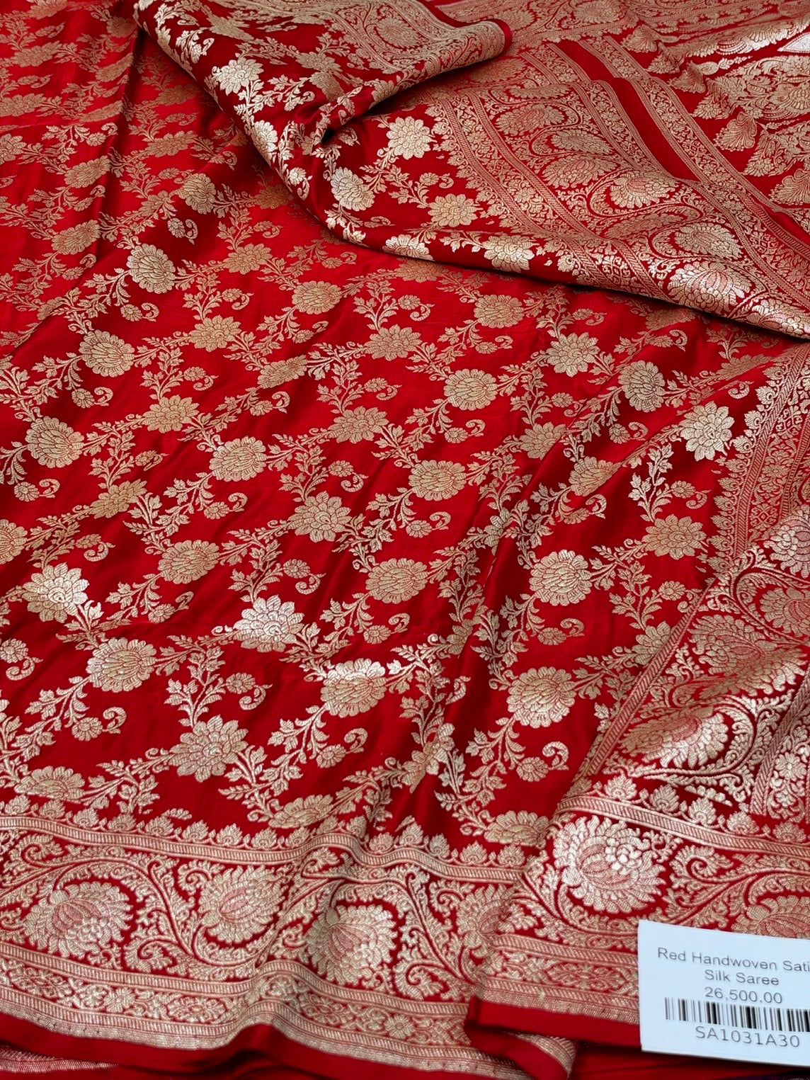 Red Handwoven Vintage Pure Banarasi Satin Silk Saree