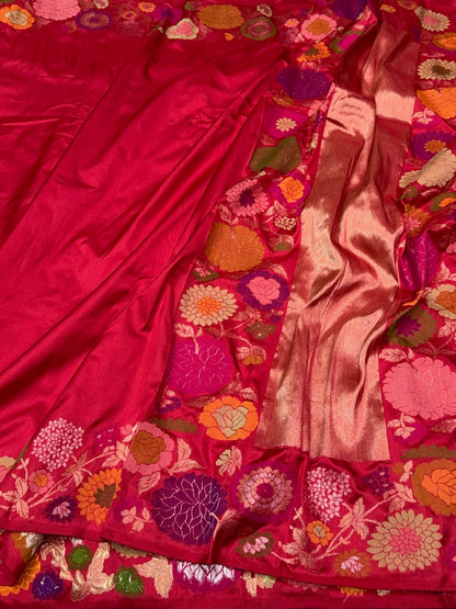 Red Pure Banarasi Ektara Silk Saree – Handwoven Kadwa Booti