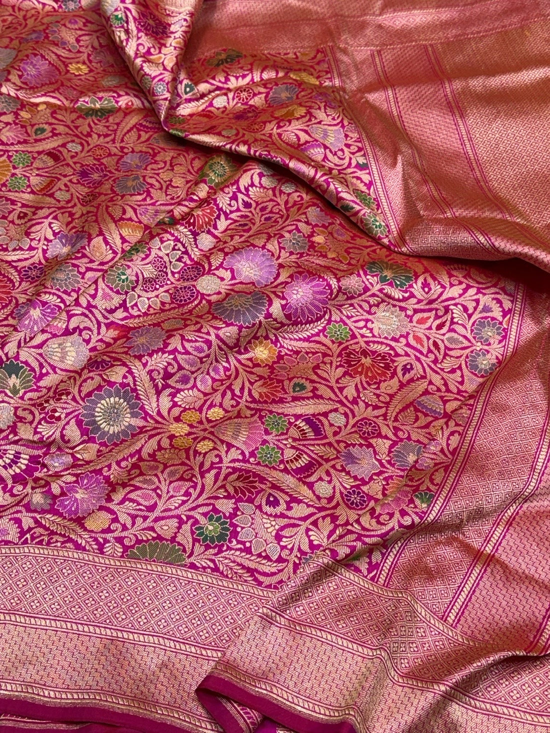 Rani Pink Handwoven Kimkhab Pure Banarasi Silk Brocade Saree – 100% Katan Mulberry Silk