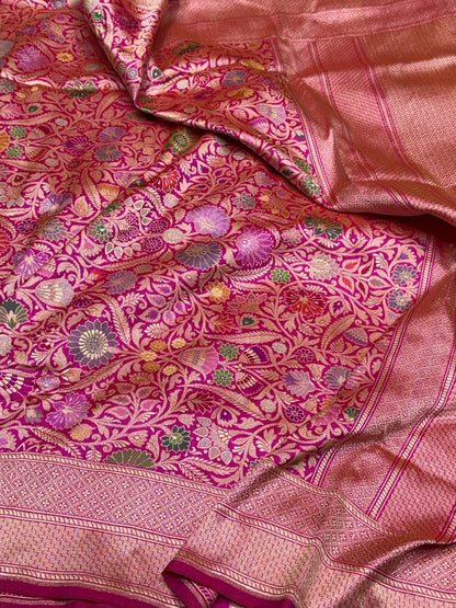 Rani Pink Handwoven Kimkhab Pure Banarasi Silk Brocade Saree – 100% Katan Mulberry Silk