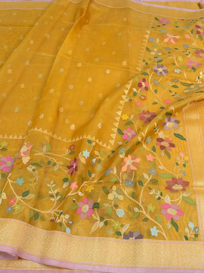 Mustard Yellow Handwoven Pure Banarasi Kora Jamdani Silk Saree