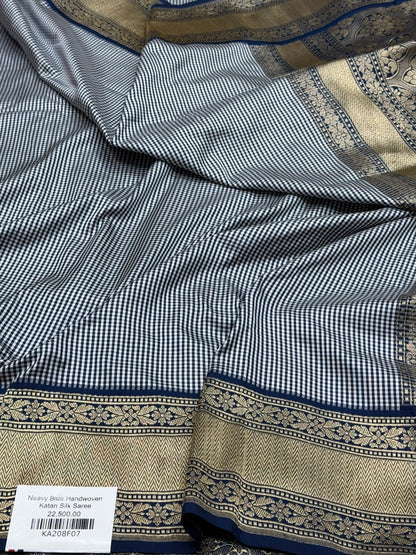 Navy Blue Handwoven Pure Banarasi Silk Saree – Kadwa Weave, Pure Katan