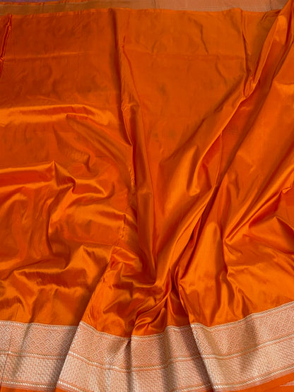 Orange Handwoven Kimkhab Pure Banarasi Silk Brocade Saree