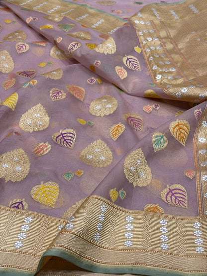 Dusty Lilac Handwoven Pure Banarasi Organza Silk Saree – Kadwa Weave with Meenakari Motifs