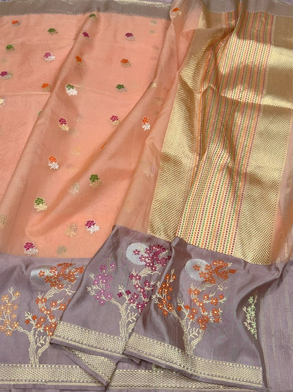 Peach Handwoven Pure Organza Silk Saree in Kadwa Weave | 100% Pure Kora Silk