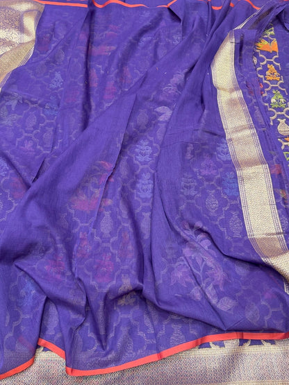 Ink Blue Banarasi Pure Muslin Cotton Jamdani Saree