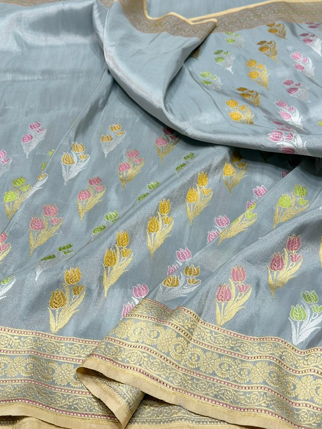 Ash Grey Handwoven Pure Banarasi Tissue Saree