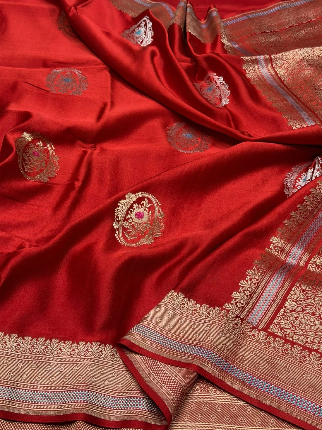Brick Red Handwoven Pure Mashru Banarasi Satin Silk Saree – Kadwa Weave | Authentic Banaras Handloom