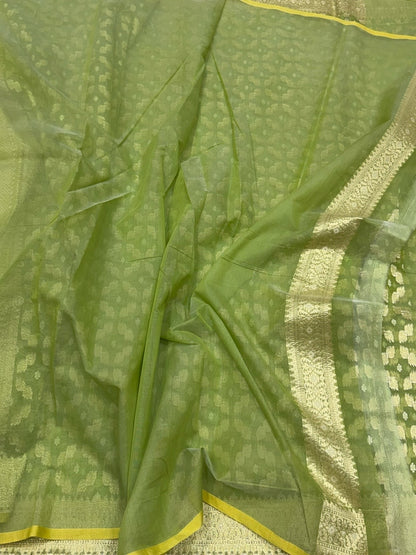 Green Banarasi Pure Kora Cotton Saree