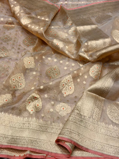 Champagne Gold Pure Banarasi Tissue Silk Saree | Pure Kora Tissue | Cutwork Technique | Lightweight Banarasi Saree
