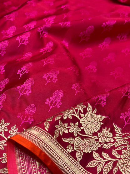 Red Handwoven Pure Banarasi Satin Tanchoi Silk Saree – 100% Pure Satin Silk, Kadwa Weave