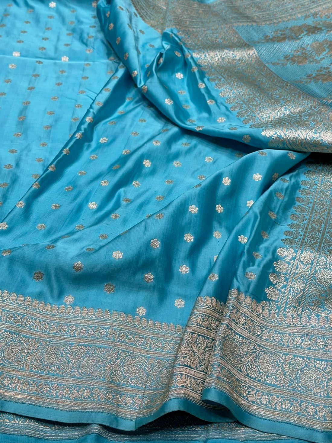 Sky Blue Handwoven Vintage Pure Banarasi Satin Silk Saree