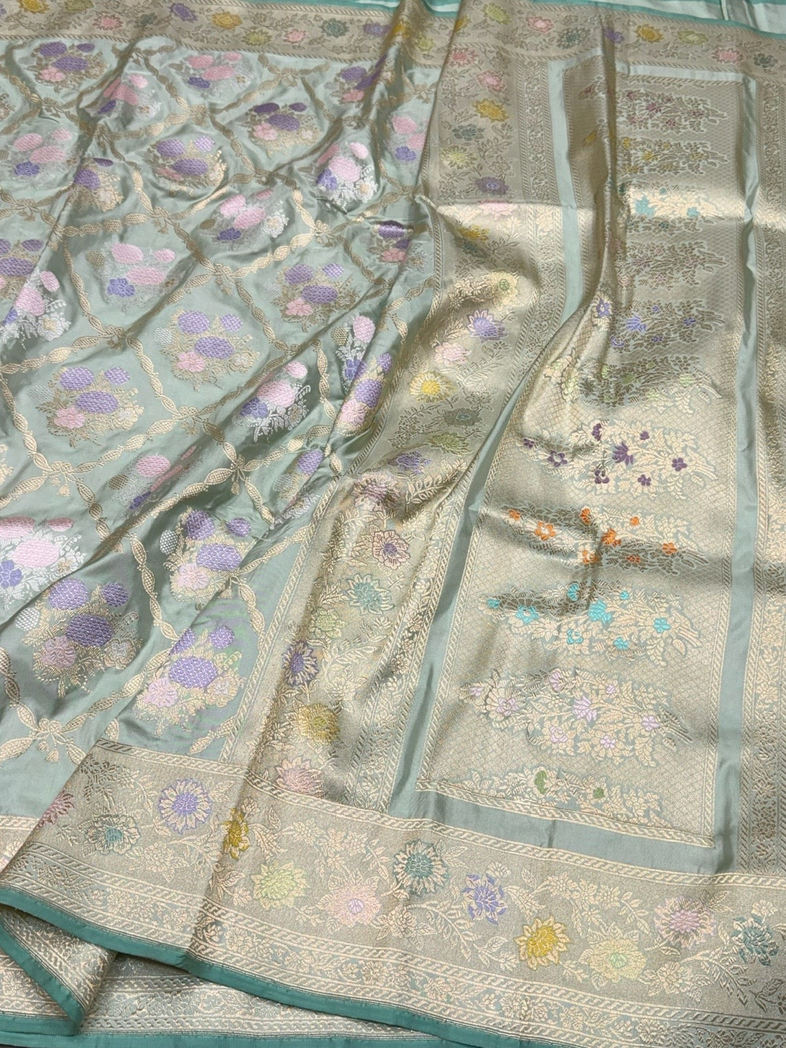 Sage Green Handwoven Pure Banarasi Silk Saree – Kadwa Meenakari Jaal | Authentic Banaras Handloom