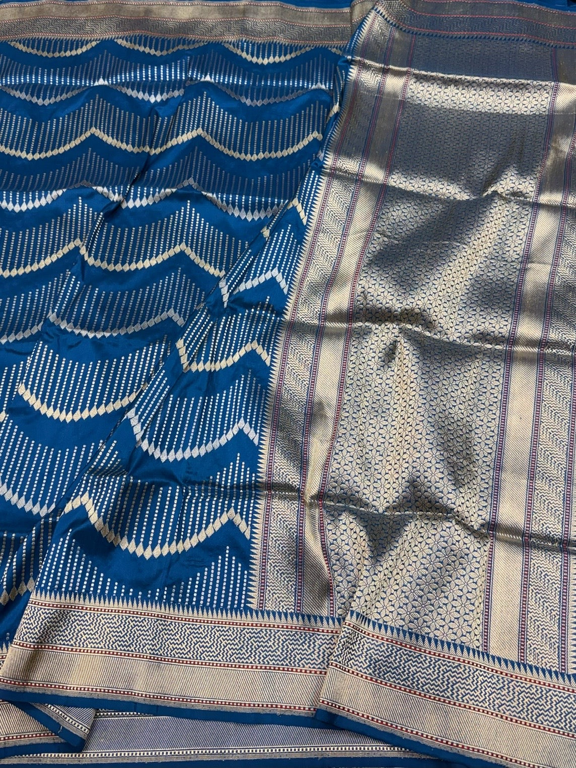 German Blue Handwoven Pure Banarasi Silk Saree in Kadwa Weave | Authentic Katan Mulberry Silk