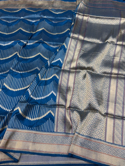 German Blue Handwoven Pure Banarasi Silk Saree in Kadwa Weave | Authentic Katan Mulberry Silk