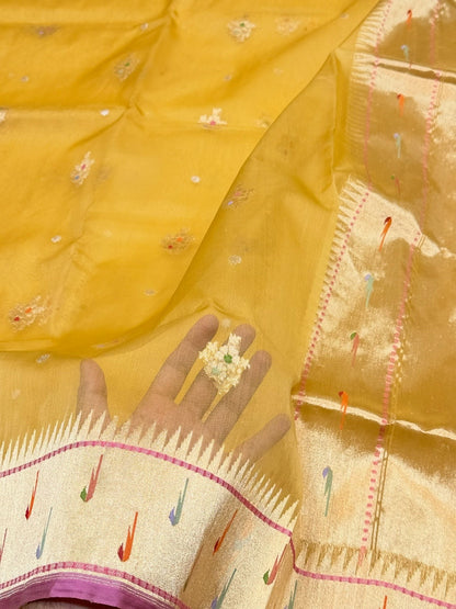 Yellow Handwoven Pure Organza Silk Saree
