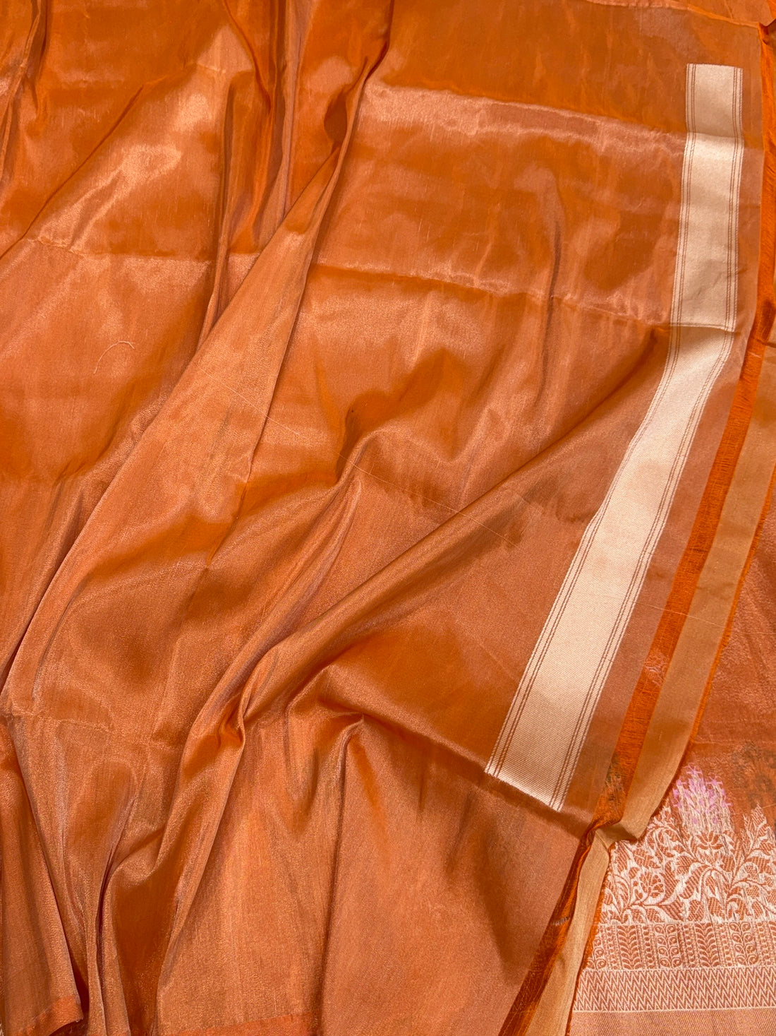 Orange Handwoven Pure Banarasi Tissue Silk Saree – Kadwa Weave | Lightweight Katan-Tissue Silk | Modern Skirt Design