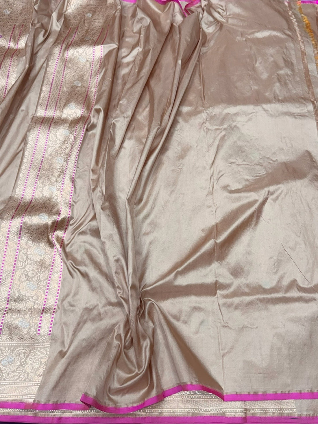 Champagne Beige Handwoven Pure Banarasi Silk Saree in Kadwa Weave – 100% Katan Mulberry Silk