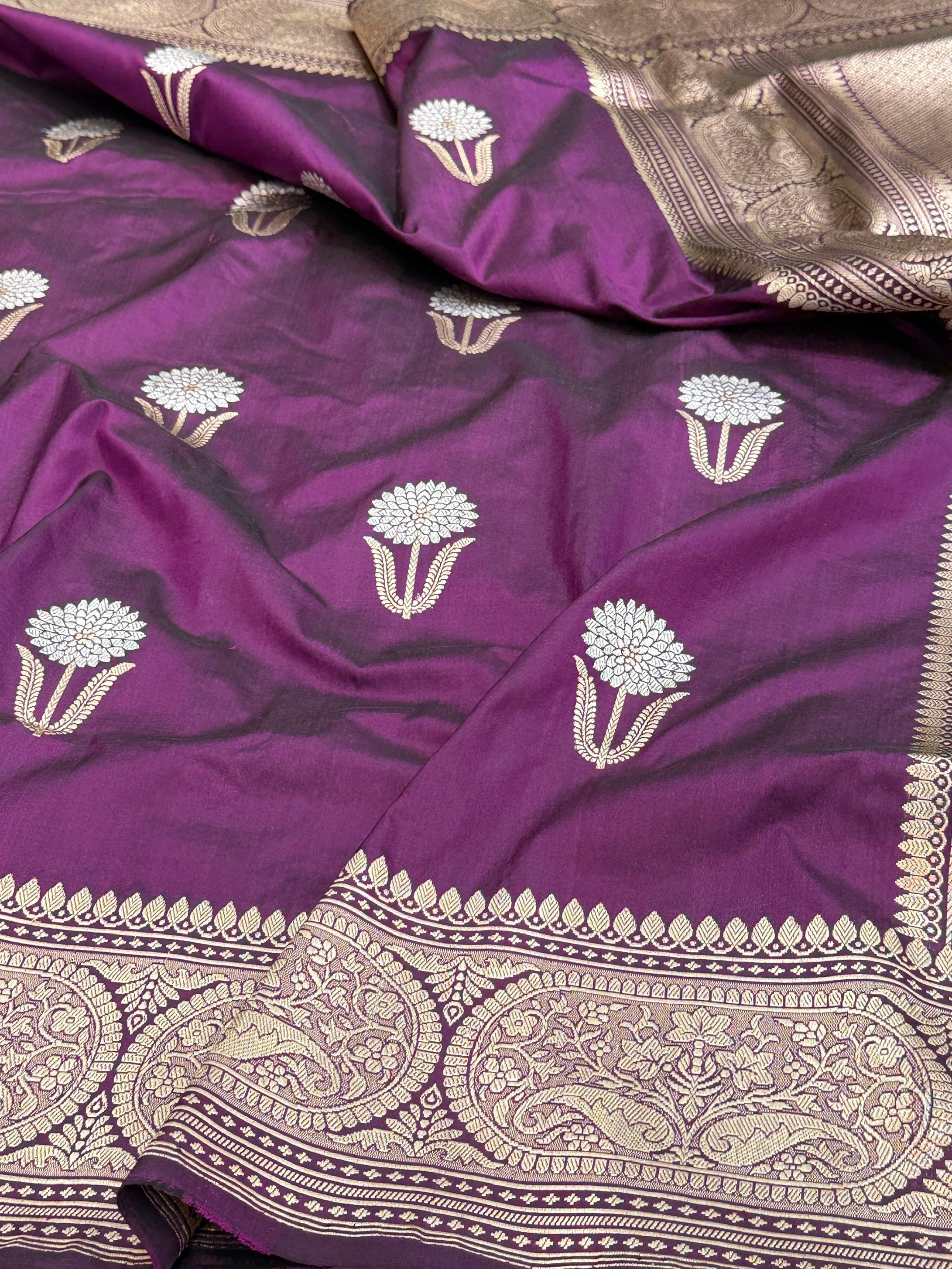 Magenta Handwoven Pure Banarasi Katan Silk Saree | Kadwa Weave | Gold &amp; Silver Zari | Pure Silk Handloom Saree