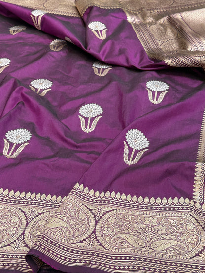 Magenta Handwoven Pure Banarasi Katan Silk Saree | Kadwa Weave | Gold &amp; Silver Zari | Pure Silk Handloom Saree