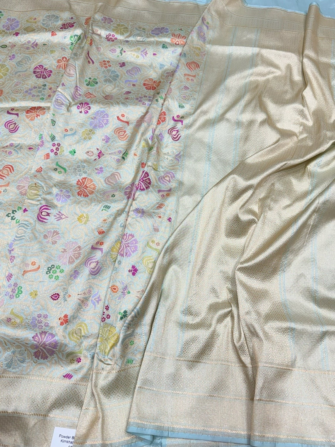 Ice Blue Handwoven Kimkhab Banarasi Pure Silk Brocade Sareee