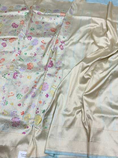 Ice Blue Handwoven Kimkhab Banarasi Pure Silk Brocade Sareee