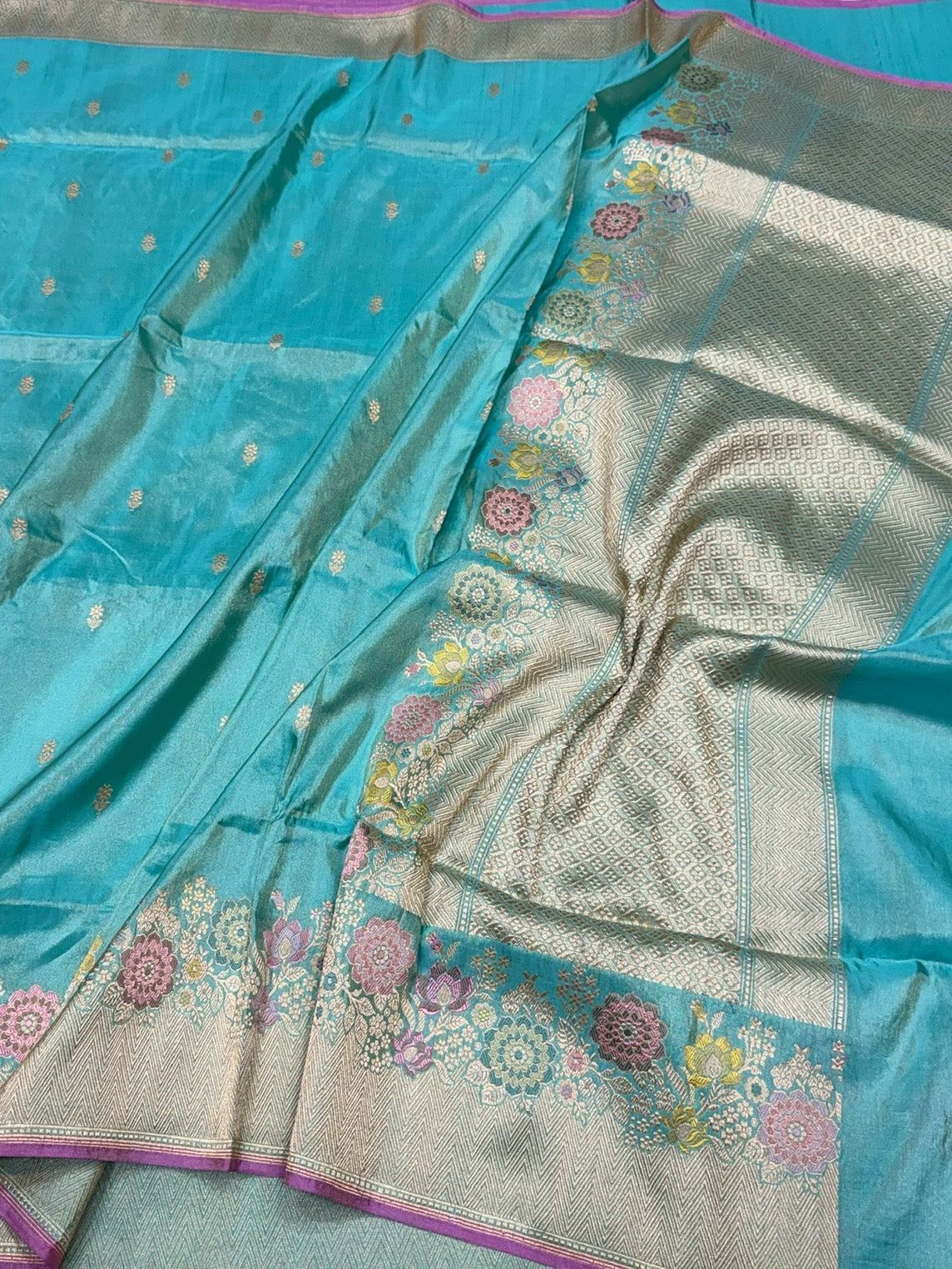 Sky Blue Handwoven Pure Banarasi Tissue Silk Saree – Kadwa Weave in 100% Katan Tissue Silk