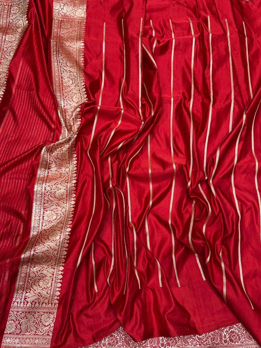 Red Handwoven Vintage Pure Banarasi Satin Silk Saree – Cutwork Weave, Pure Satin Silk