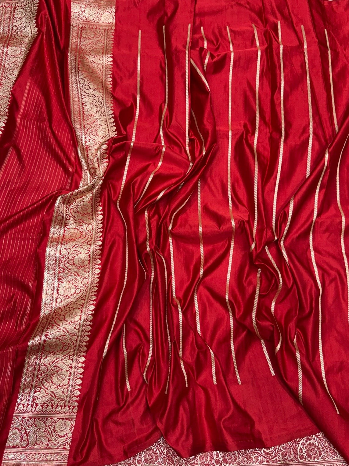 Red Handwoven Vintage Pure Banarasi Satin Silk Saree – Cutwork Weave, Pure Satin Silk