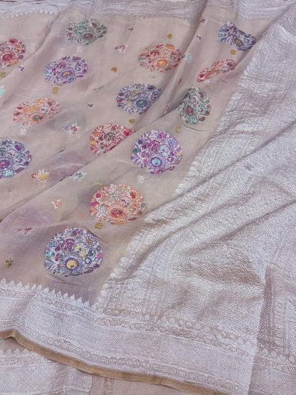 Blush Peach Handwoven Pure Tissue Tussar Georgette Saree