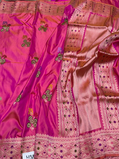 Orangish Pink Handwoven Pure Banarasi Ektara Silk Saree