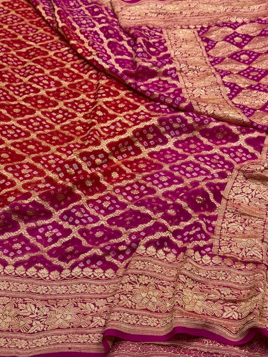 Rani Pink Banarasi Pure Bandhej Georgette Saree – Luxury Cutwork Brocade Festive Saree