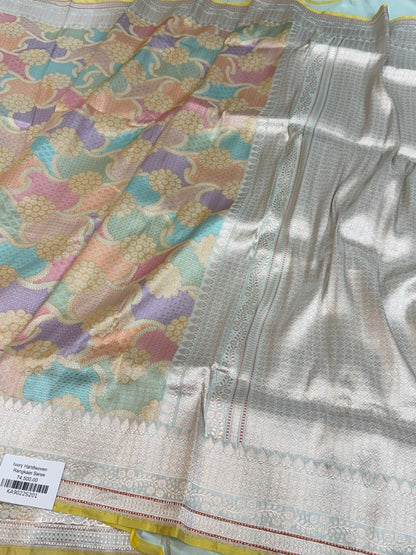 Ivory Handwoven Banarasi Rangkaat Pure Katan Silk Saree