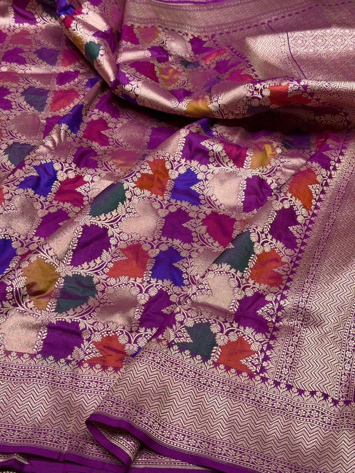 Multicolour Banarasi Pure Silk Saree – Cutwork Weave in 100% Pure Katan Silk