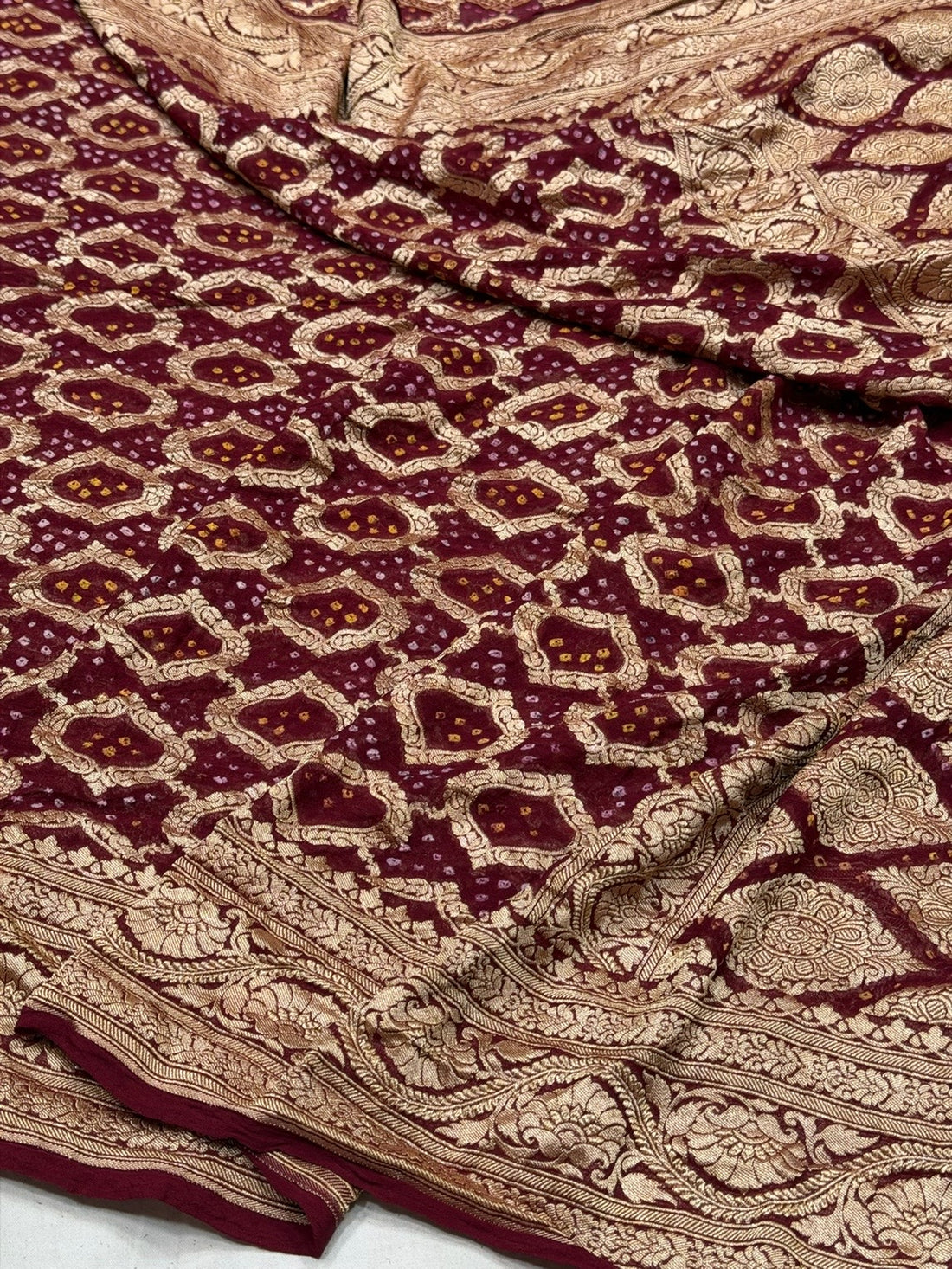 Wine Banarasi Pure Bandhej Georgette Saree – Luxury Cutwork Brocade Festive Saree