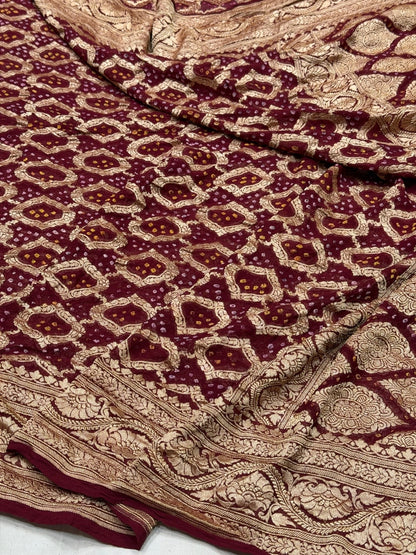 Wine Banarasi Pure Bandhej Georgette Saree – Luxury Cutwork Brocade Festive Saree