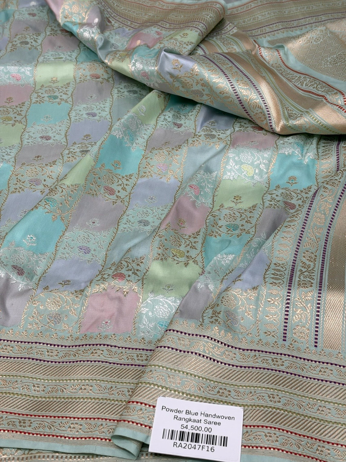 Powder Blue Handwoven Rangkaat Pure Banarasi Silk Saree