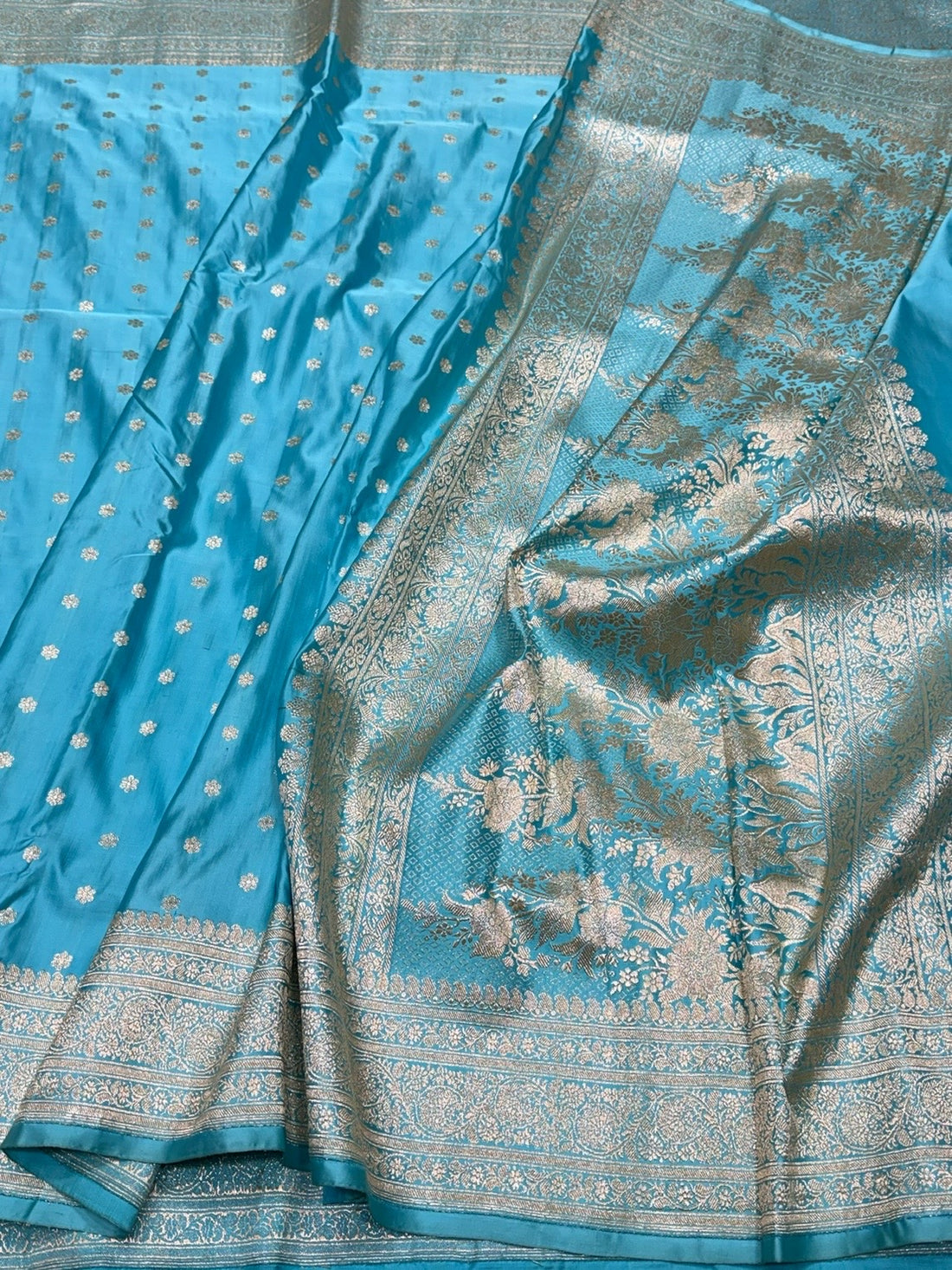 Sky Blue Handwoven Vintage Pure Banarasi Satin Silk Saree