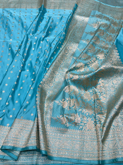 Sky Blue Handwoven Vintage Pure Banarasi Satin Silk Saree